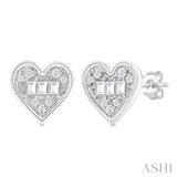1/5 ctw Petite Bezel Set Heart Shape Fusion Baguette and Round Cut Diamond Fashion Stud Earring in 10K White Gold