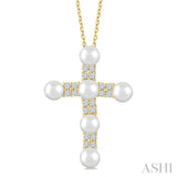 4 MM Cross Cultured Pearl and 1/5 Ctw Round Cut Diamond Fashion Pendant With Chain in 10K Yellow Gold