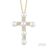 4 MM Cross Cultured Pearl and 1/5 Ctw Round Cut Diamond Semi-Precious Fashion Pendant With Chain in 10K Yellow Gold