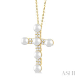 4 MM Cross Cultured Pearl and 1/5 Ctw Round Cut Diamond Semi-Precious Fashion Pendant With Chain in 10K Yellow Gold