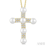 4 MM Cross Cultured Pearl and 1/5 Ctw Round Cut Diamond Fashion Pendant With Chain in 10K Yellow Gold