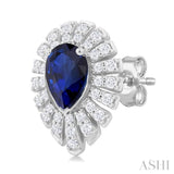 1/3 Ctw Starburst 5X3 MM Pear Cut Sapphire and Round Cut Diamond Precious Stud Earring in 14K White Gold