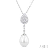 1/5 Ctw Pear Shape Mount 9X7 MM Cultured Pearl Drop and Round Cut Diamond Fashion Pendant With Chain in 14K White Gold