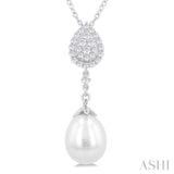 1/5 Ctw Pear Shape Mount 9X7 MM Cultured Pearl Drop and Round Cut Diamond Fashion Pendant With Chain in 14K White Gold