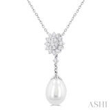 1/5 Ctw Sunflower 9X7 MM Cultured Pearl Drop and Round Cut Diamond Fashion Pendant With Chain in 14K White Gold