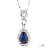 6x4 MM Pear Shape Sapphire and 1/10 Ctw Round Cut Diamond Pendant in 14K White Gold with Chain