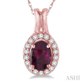 7x5 MM Oval Shape Rhodolite and 1/6 Ctw Round Cut Diamond Pendant in 14K Rose Gold with Chain