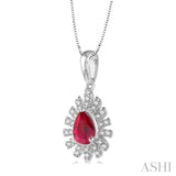 1/8 Ctw Bar Accent Pear Shape 6x4 MM Ruby & Round Cut Diamond Precious Pendant With Chain in 10K White Gold