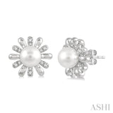 6 MM Round Shape Floral Cultured Pearls and 1/6 ctw Round Cut Diamond Earring in 10K White Gold