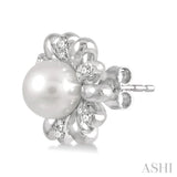 6 MM Round Shape Floral Cultured Pearls and 1/6 ctw Round Cut Diamond Earring in 10K White Gold