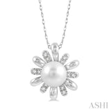 7 MM Round Shape Floral Cultured Pearl and 1/10 ctw Round Cut Diamond Pendant With Chain in 10K White Gold