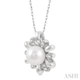 7 MM Round Shape Floral Cultured Pearl and 1/10 ctw Round Cut Diamond Pendant With Chain in 10K White Gold