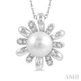 7 MM Round Shape Floral Cultured Pearl and 1/10 ctw Round Cut Diamond Pendant With Chain in 10K White Gold