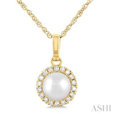 5 MM Cultured White Pearl and 1/20 ctw Single Cut Diamond Halo Pendant With Chain in 14K Yellow Gold