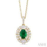 7x5 MM Oval Cut Emerald and 5/8 ctw Baguette & Round Cut Diamond Precious Pendant With Chain in 14K Yellow Gold