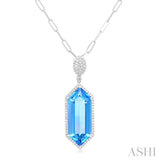 26x10 MM Hexagon Shape Blue topaz and 1/2 ctw Round Cut Diamond Halo Semi-Precious Pendant With Chain in 14K White Gold