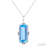 22x10 MM Emerald Cut Blue Topaz and .80 MM Sapphire & 1/5 Ctw Round Cut Diamond Halo Precious & Semi-Precious Pendant With Chain in 14K White Gold
