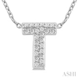 1/10 Ctw Initial 'T' Round Cut Diamond Fashion Pendant With Chain in 10K White Gold