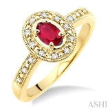 5x3mm oval cut Ruby and 1/10 Ctw Single Cut Diamond Ring in 14K Yellow Gold.
