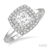 3/4 Ctw Princess & Halo Round Cut Diamond Ladies Engagement Ring With 1/2 ct Princess Cut Center Stone in 14K White Gold
