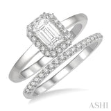 3/8 Ctw Round Cut Diamond Wedding Set With 1/3 ct Halo 1/4 ct Emerald Cut Engagement Ring and 1/10 ct Wedding Band in 14K White Gold