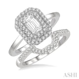 5/8 Ctw Round Cut Diamond Wedding Set With 1/2 ct Twin Halo 1/4 ct Emerald Cut Engagement Ring & 1/8 ct Deep Dish Wedding Band in 14K White Gold