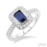 6x4MM Octagon Cut Sapphire and 1/3 Ctw Round Cut Diamond Ring in 18K White Gold
