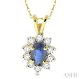 6x4MM Oval Cut Sapphire and 1/4 Ctw Round Cut Diamond Pendant in 14K Yellow Gold with Chain