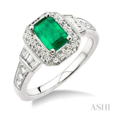 7x5mm Octagon Cut Emerald and 1/2 Ctw Round & Baguette Cut Diamond Ring in 14K White Gold