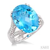 16x12mm Oval Cut Blue Topaz and 1/4 Ctw Round Cut Diamond Ring in 14K White Gold
