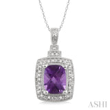 9x7MM Cushion Cut Amethyst and 1/10 Ctw Single Cut Diamond Pendant in Sterling Silver with Chain