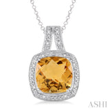 10x10 mm Cushion Cut Citrine and 1/20 ctw Single Cut Diamond Pendant in Sterling Silver with Chain