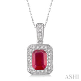 6x4 mm Emerald Cut Ruby and 1/5 Ctw Round Cut Diamond Pendant in 14K White Gold with Chain