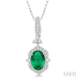 6x4 MM Oval Shape Emerald and 1/5 Ctw Diamond Pendant in 14K White Gold with Chain