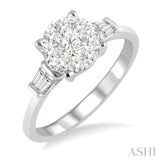 3/4 Ctw Round and Baguette Diamond Lovebright Engagement Ring in 14K White Gold