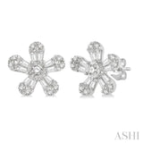 1/3 Ctw Floral Baguette and Round Cut Diamond Earring in 14K White Gold