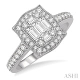 3/4 Ctw Wavy Rectangular Center Round Cut and Baguette Diamond Ring in 14K White Gold