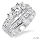 3 Ctw Diamond Wedding Set with 2 Ctw Princess Cut Engagement Ring and 1 Ctw Wedding Band in 14K White Gold