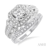 1 1/5 Ctw Diamond Wedding Set with 1 Ctw Princess Cut Engagement Ring and 1/5 Ctw Wedding Band in 14K White Gold