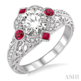 2x2 MM Princess Cut Ruby, 2.5 MM Round Cut Ruby and 1/6 Ctw Round Cut Diamond Semi-mount Engagement Ring in 14K White Gold