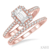 7/8 Ctw Diamond Wedding Set With 3/4 ct Octagonal Emerald Cut Diamond Engagement Ring and 1/6 ct Wedding Band in 14K Rose and White Gold