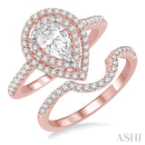 1 1/5 Ctw Diamond Wedding Set in 14K With 1 Ctw Pear Shape Engagement Ring in Rose and White Gold and 1/5 Ctw U-Cut Center Wedding Band in Rose Gold