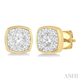 1/2 ctw Cushion Shape Round Cut Diamond Lovebright Bezel Stud Earring in 14K Yellow and White Gold